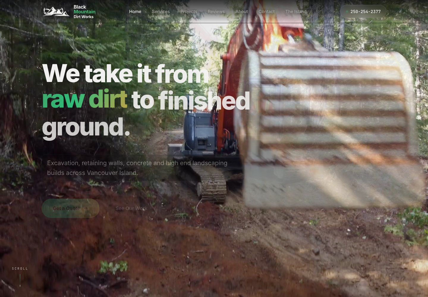 The Black Mountain Dirt Works website shows its excavation and landscaping services, project footage and a Get a Quote button.
